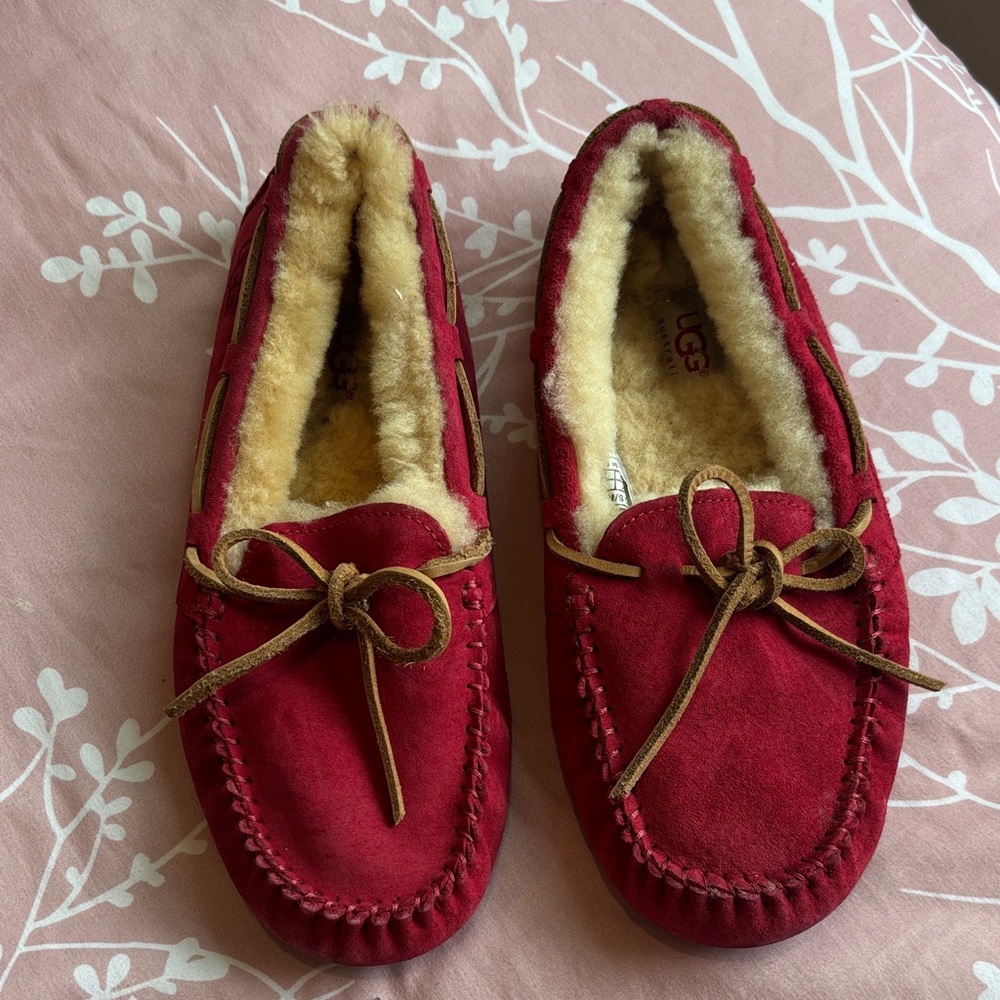 UGG Red Suede Moccasins with Fur Lining